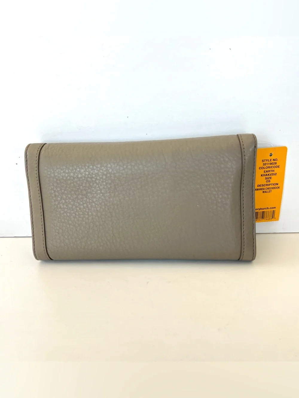 TORY BURCH Amanda Checkbook Khaki Pebbled leather Gold-tone Logo Wallet NWT